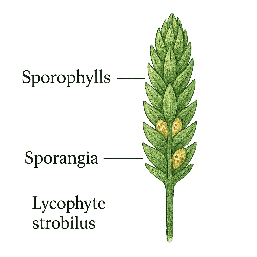 Diagram of lycophyte strobilus with sporophylls and sporangia