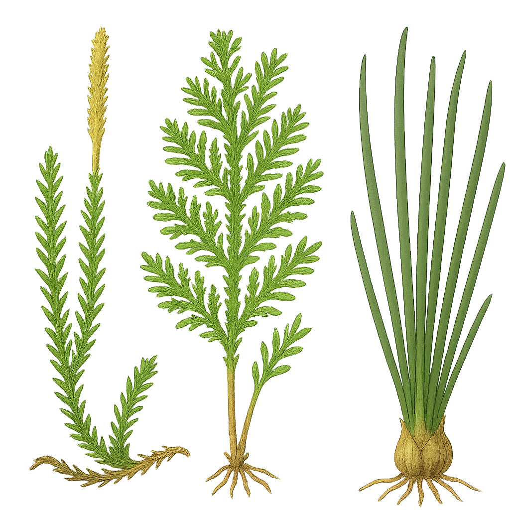 Lycophyte diversity showing Lycopodium, Selaginella, Isoetes